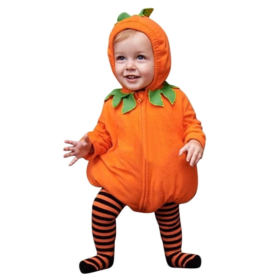 Yuncity Girls Halloween Outfit Set Autumn Cartoon Pumpkin Hooded Bodysuit With Striped Footed Pants Lovely And Comfortable Set Size 18-24 Months Orange