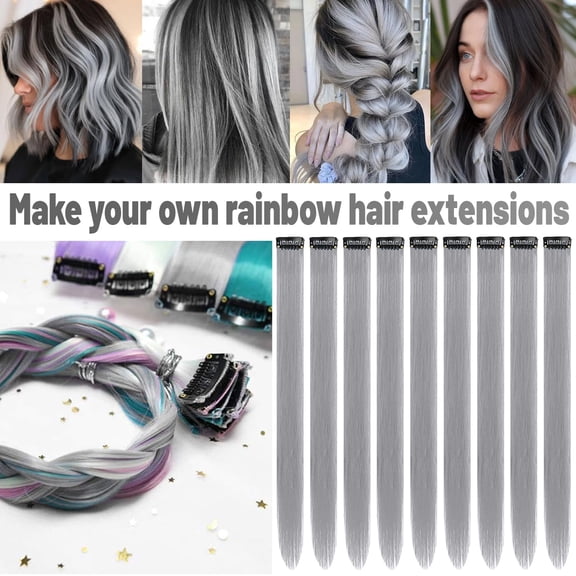 WEIF-22 inch Colored Hair Extensions Straight Hairpiece, Multi-colors Party Highlights Clip in Synthetic Hair Extensions for Girls Women Kids Favor Gift(10 PCS Grey)