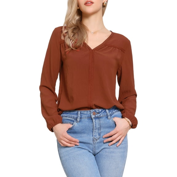 DARING DIVA Women's Elegant Casual V Neck Long Sleeve Blouse XS Orange Brown