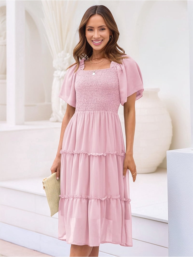 Women'S Summer Casual Flutter Sleeve Square Neck Smocked Midi Dress White XL