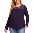 thumbnail image 3 of Women Plus Size Lace Pleated Shirt Round Neck Short Sleeve Loose Blouse Summer Casual Tunic Top Long Sleeve Black, 3 of 9