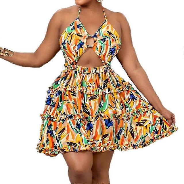 Vestido corto de fiesta con estampado moderno, cuello halter, sin mangas, tirantes, espalda descubierta y escote halter.