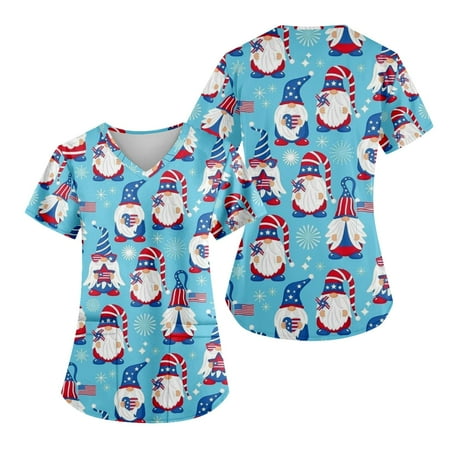 

Sksloeg Women s Scrubs Plus Size American Flag Star Print Patriotic Top Comfort Scrubs Women s V-Neck Workwear Short Sleeve Shirts Nursing Working Uniform Sky Blue XXXL