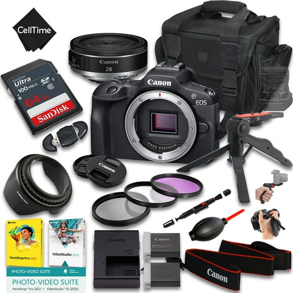 Canon EOS R100 Mirrorless Camera with RF 28mm f/2.8 STM Lens   64 GB Memory   Extra Battery   Camera Case   Grip Tripod   More (20pc Bundle)