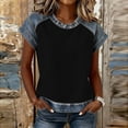 thumbnail image 2 of Womens Summer Tops Shorts Sleeve Waffle Knit Crew Neck T-Shirts Faux Denim Patchwork Dressy Tunic Trendy Plain Blouses Shirts Lounge Casual Loose Fit Tees Shirt Top Going Out, 2 of 7