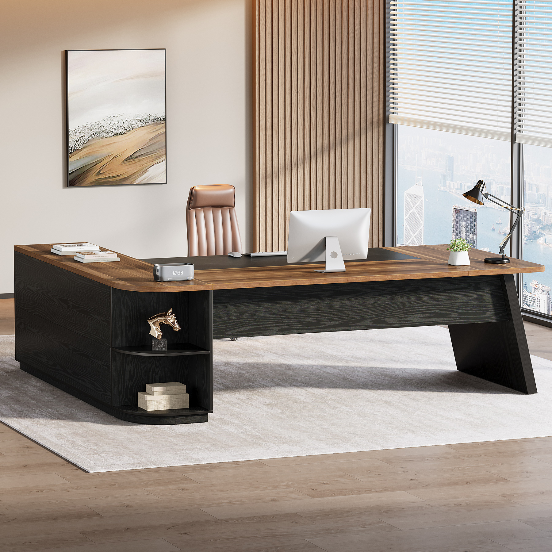 Finmind 79-inch Executive Desk, Large Office Desk with Cabinet, L-Shaped Computer Table with Storage Shelves for Home Office, Walnut and Black