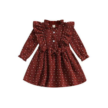 

Canis Toddler Baby Girls Swiss Dot Ruffles Buttons Long Sleeve Dress