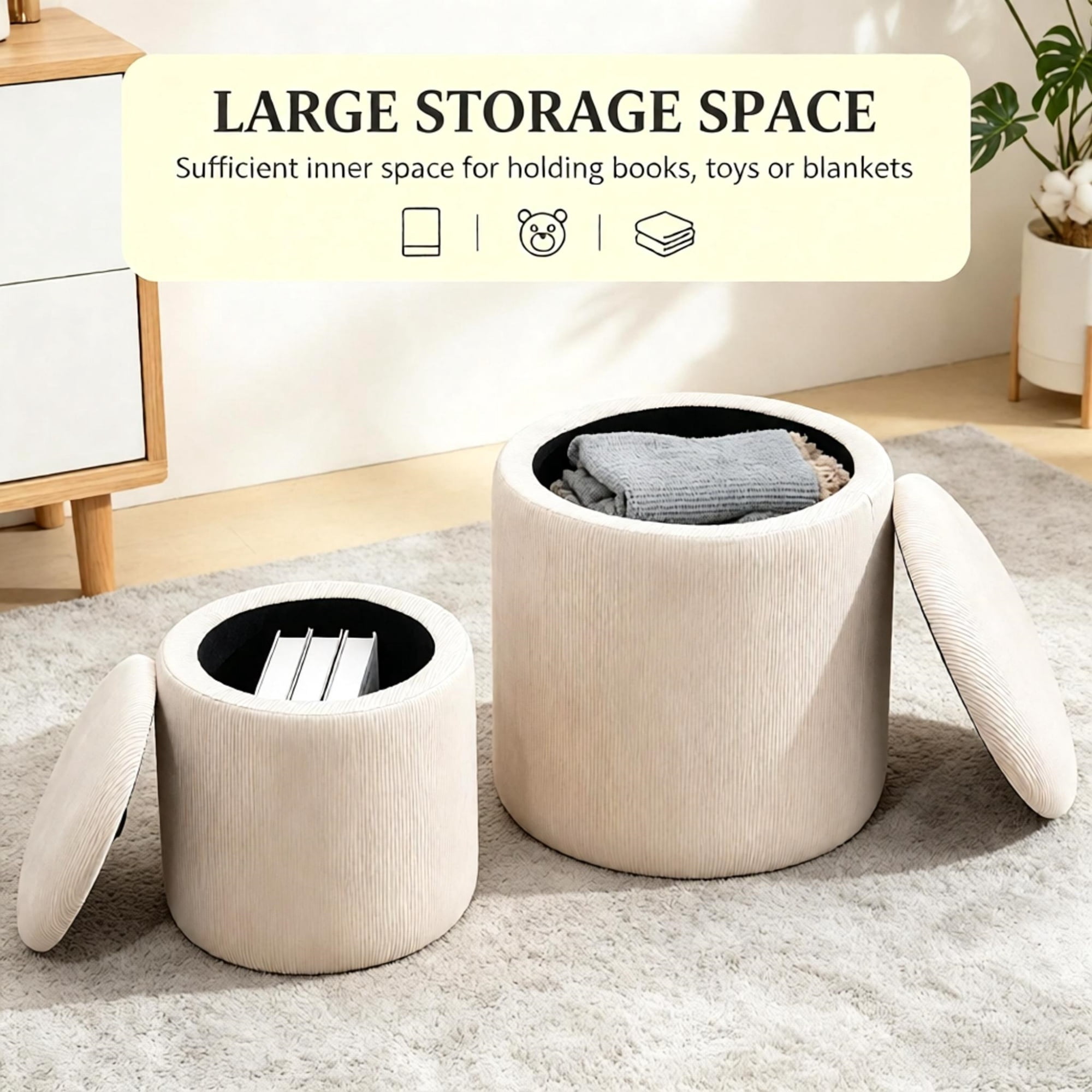 Cream White 2-Piece with Storage Stool, Removable Wood Lid, Hidden Space