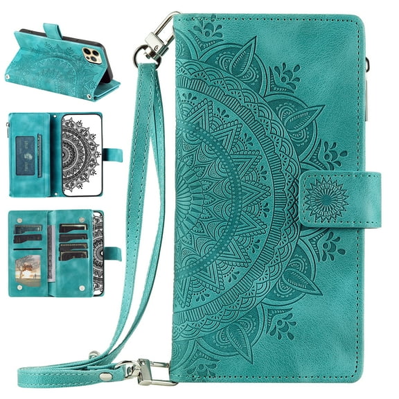 Nalacover for iPhone 12 Pro Max Embossed Floral Pattern PU Leather Crossbody Case with Shoulder Strap,Shockproof Magnetic Flip Kickstand Credit Card Slots Zipper Pocket Wallet Phone Case,Green