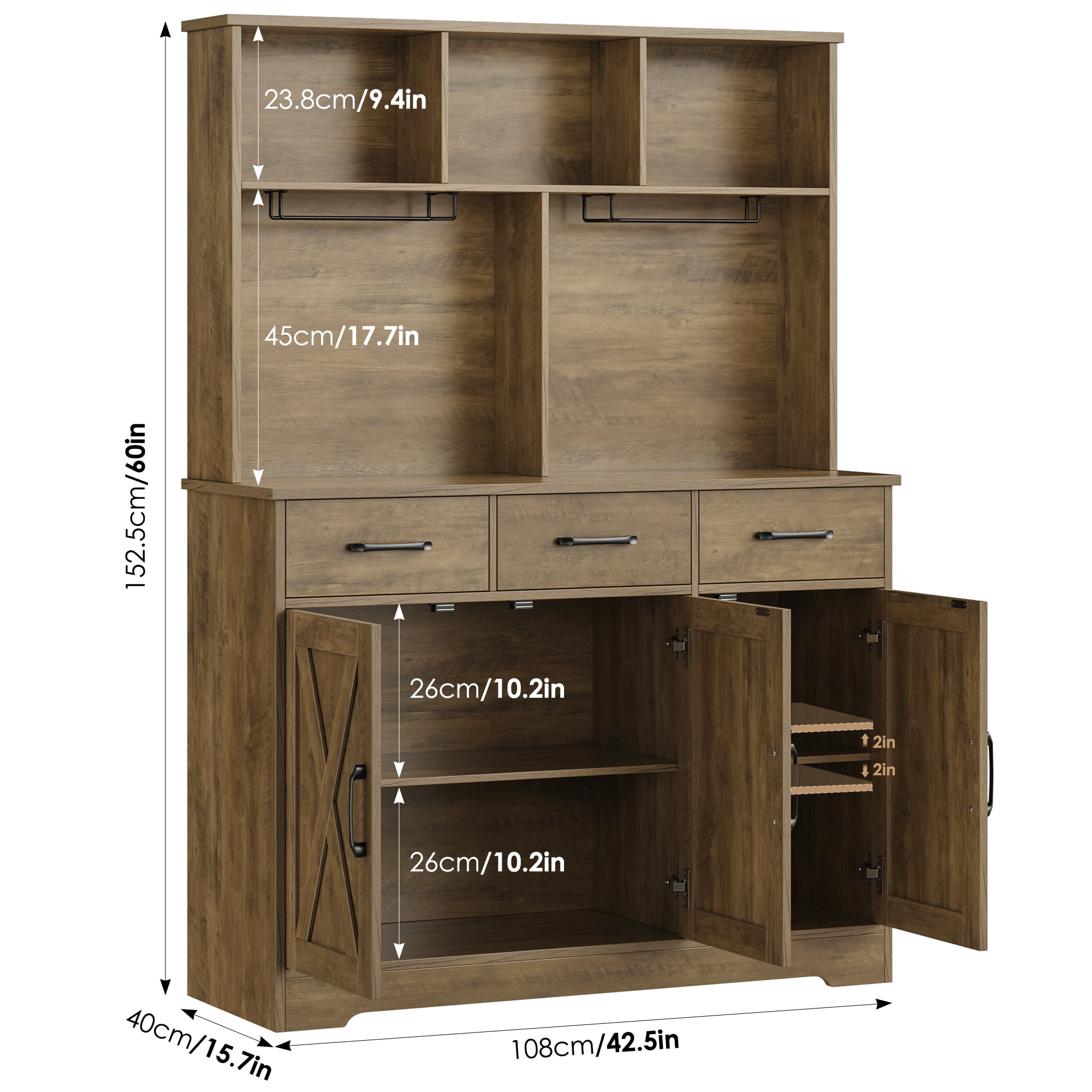 Homfa 60” Tall Kitchen Pantry with Hutch, 3 Drawers Coffee Bar with 3 Doors, Hutch Cabinet with Adjustable Shelf for Dining Room, Rustic Brown