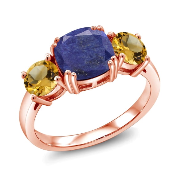 Gem Stone King 18K Rose Gold Plated Silver Blue Lapis and Yellow Citrine 3 Stone Engagement Ring for Women (3.45 Cttw, Gemstone, Cushion 8MM, Size 9)
