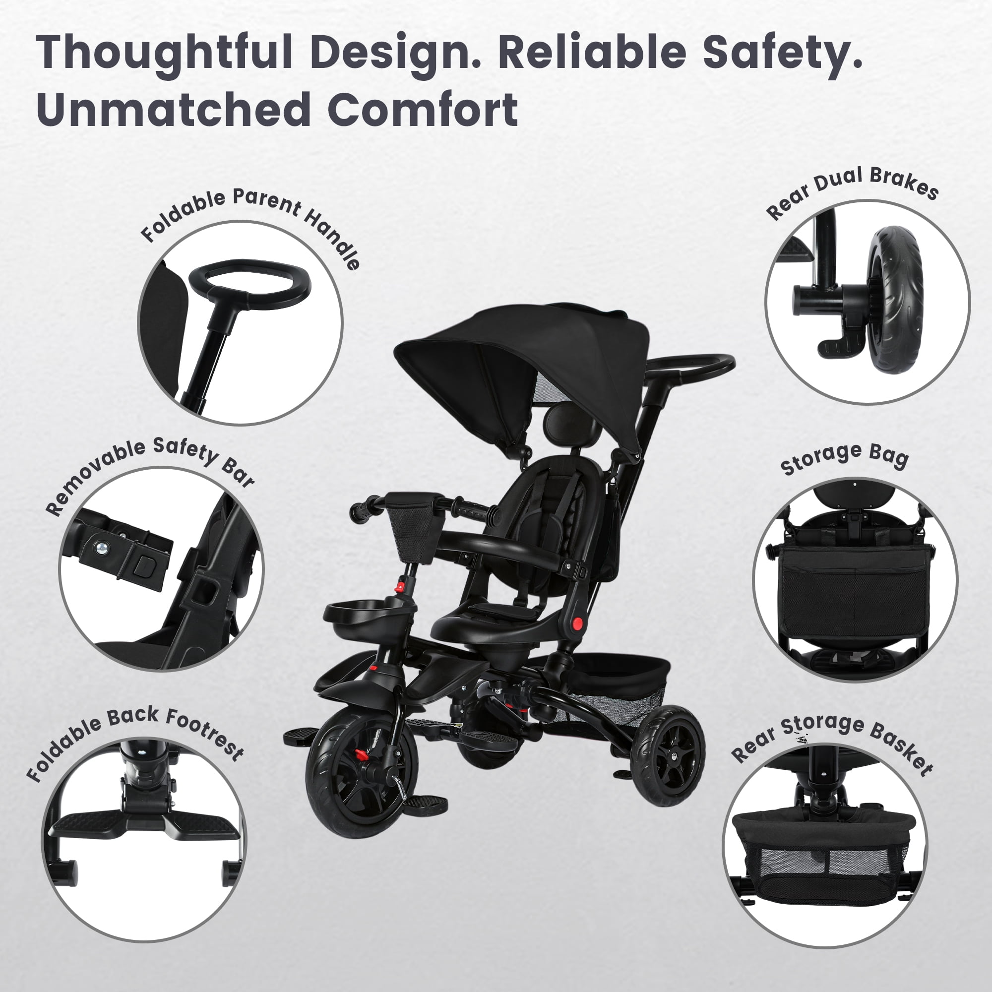 AILEEKISS Foldable Kids Tricycle with Push Handle, 7-in-1 Ride Trike for Infant 1-5 Years, Black