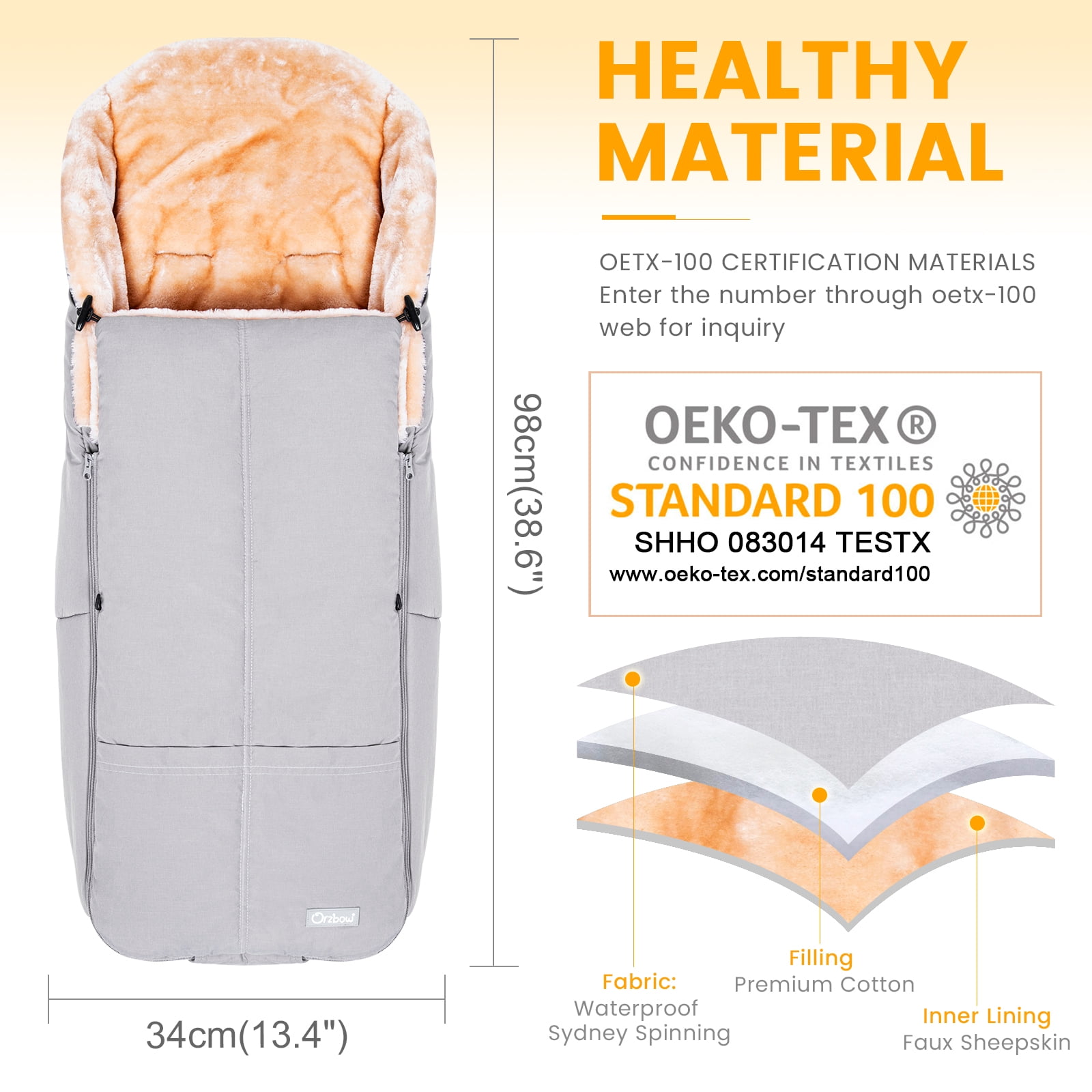 Orzbow Wool Warm Bunting Bag Universal,Suitable below 6 ℃,For Alaska,Stroller Sleeping Bag Cold Weather,Waterproof Toddler Footmuff, Light Grey