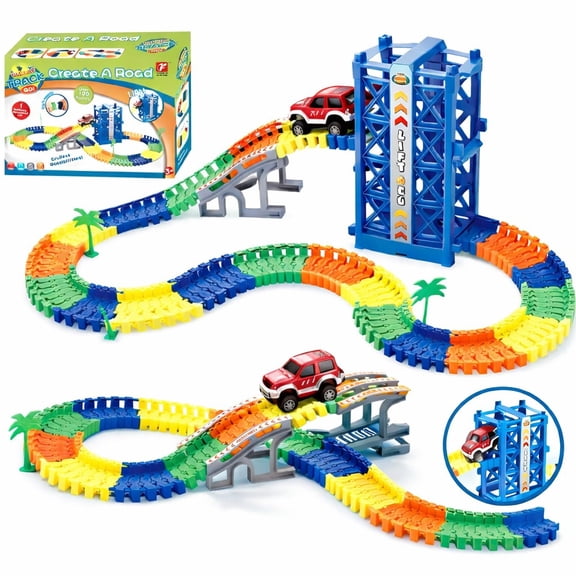 Race Car Track Set Flexible with Lift Create Your Track 120 Pcs for Boys Girls 3 Years