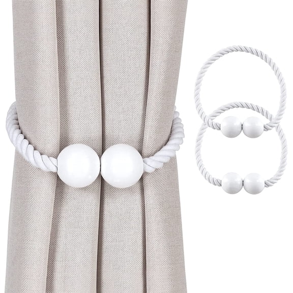 Magnetic Curtain Tiebacks, Retro Hemp Rope Tie Back, Decorative Wooden Ball Holdback for Window Curtain, No Tools Required, 2 Pack, White