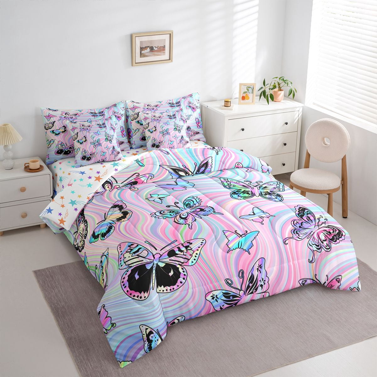 jejeloiu Bohemian Cartoon Butterflies 7-Piece Twin Bedding Sets,Colorful Fulid Art Bedding Comforter Set,Pink Blue Ombre Sheet Sets For Girls Teens,Super Cozy Room Decor Reversible