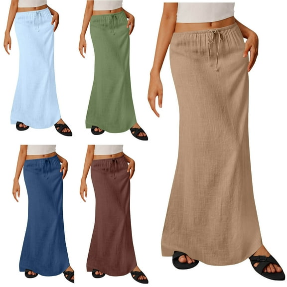 Oksale Long Maxi Skirts for Women Cozy Elastic Drastring Cotton Linen Skirt Lightweight Breathable Summer Skirts for Going Out Khaki M