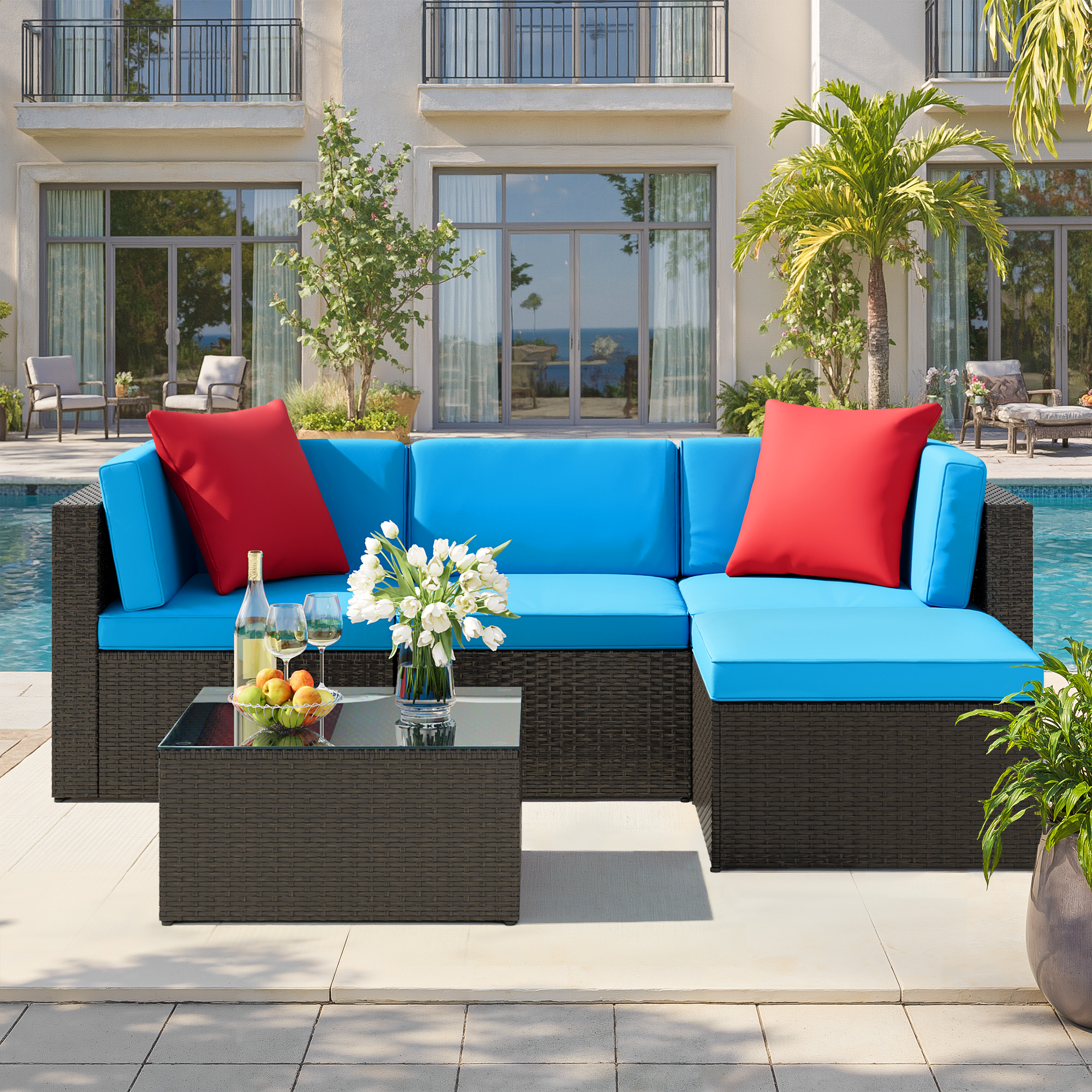 Lacoo 5 PCS Patio Outdoor Furniture Wicker Sectional Sofa with Cushion, Blue