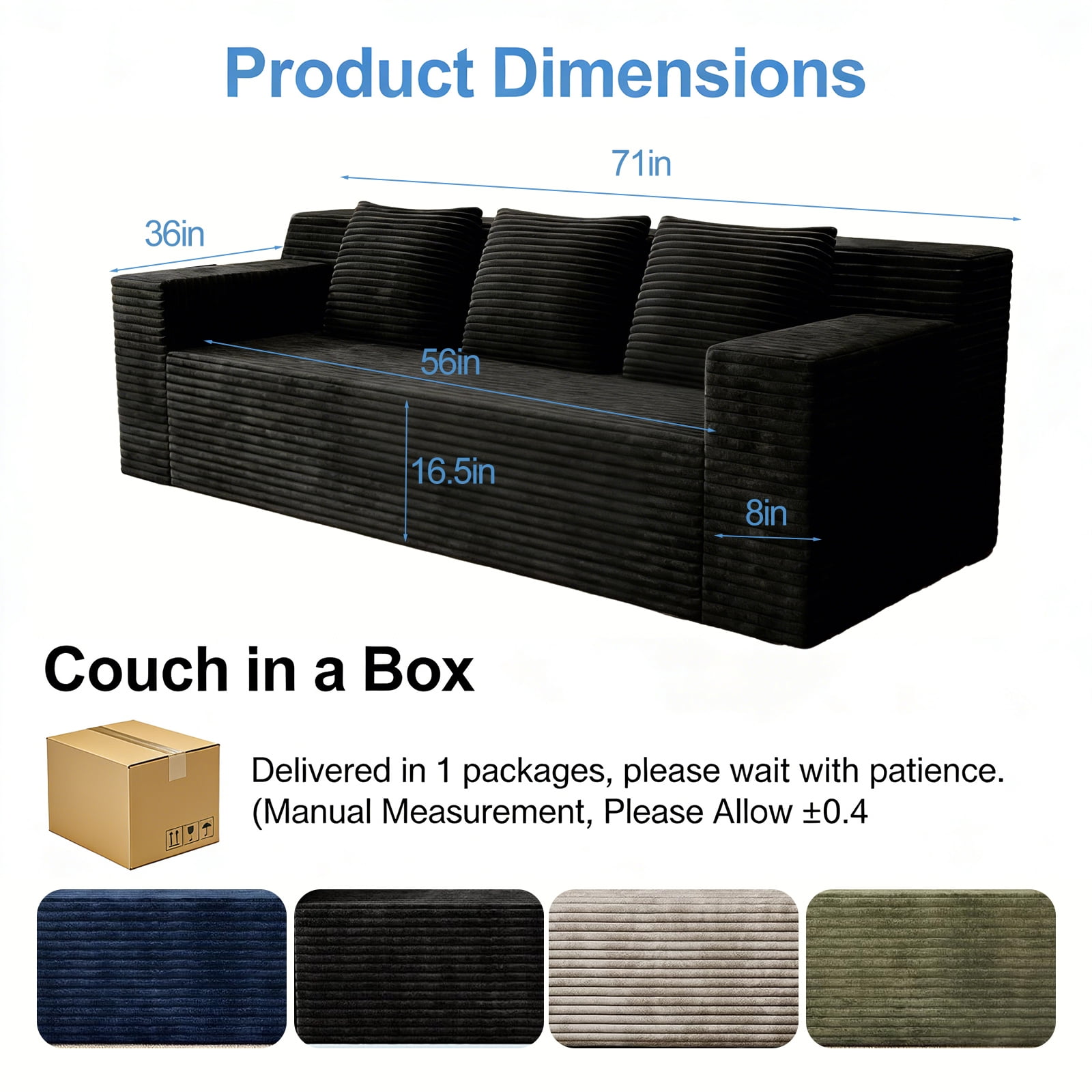 Sofa, Loveseat, Sectional Sofa&nbsp;with Corduroy Fabric, 71" Deep Seat Modular Floor Couch for Living Room, Bedroom, Apartment, No Assembly Required, Antique Black