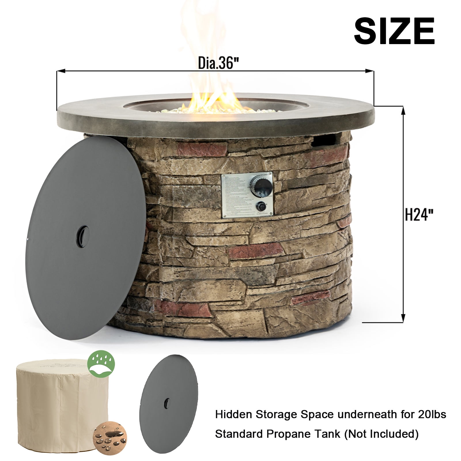 36'' Propane Gas Fire Pit Table, 50000 BTU Round Concrete Fire Pit for Outside Patio Deck Garden Backyard