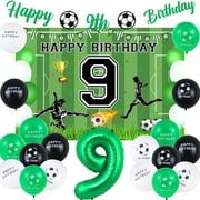9th Football Birthday Decorations Green and White for Boys, Soccer Happy 9th Birthday Banner Backdrop, Go Team Number 9 Foil Balloons, Football Fans Ninth Birthday Party Supplies Age 9