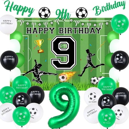 9th Football Birthday Decorations Green and White for Boys, Soccer Happy 9th Birthday Banner Backdrop, Go Team Number 9 Foil Balloons, Football Fans Ninth Birthday Party Supplies Age 9