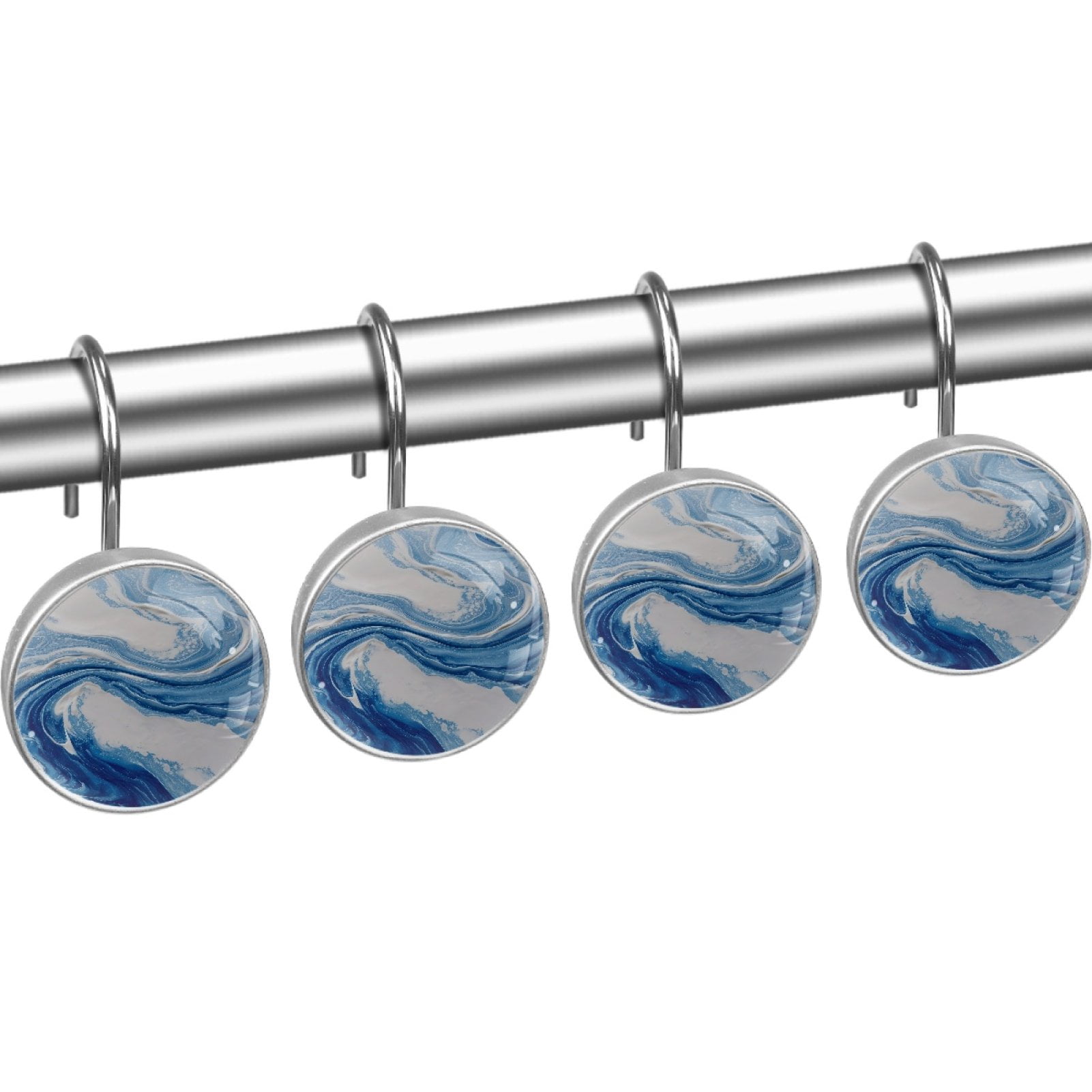 Blue Swirling Marble 12 Pack Shower Curtain Hooks, Decorative Shower Rings for Shower Curtain Rods, Stainless Steel, Rust Resistant, Round Curtain Hooks for Bathroom
