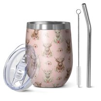 12oz Stemless Wine Tumblers Pink Highland Cow Flower Pattern Vacuum Insulated Stainless Steel Travel Tumbler Cups Mug with Lid and Straw for Champaign,Cocktail,Beer with Cleaning Brush