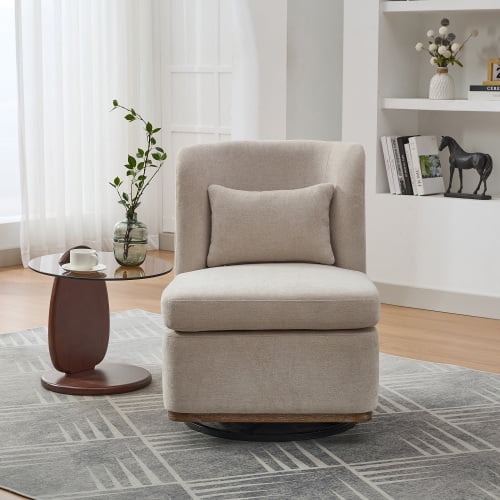 BSHTI 25.2" Wide Modern Chenille Cushioned Armless Metal Base 360°Swivel Chair with Pillow,Suitable for Living Room,Family Room,Bedroom,Lounge Area,Office.Beige