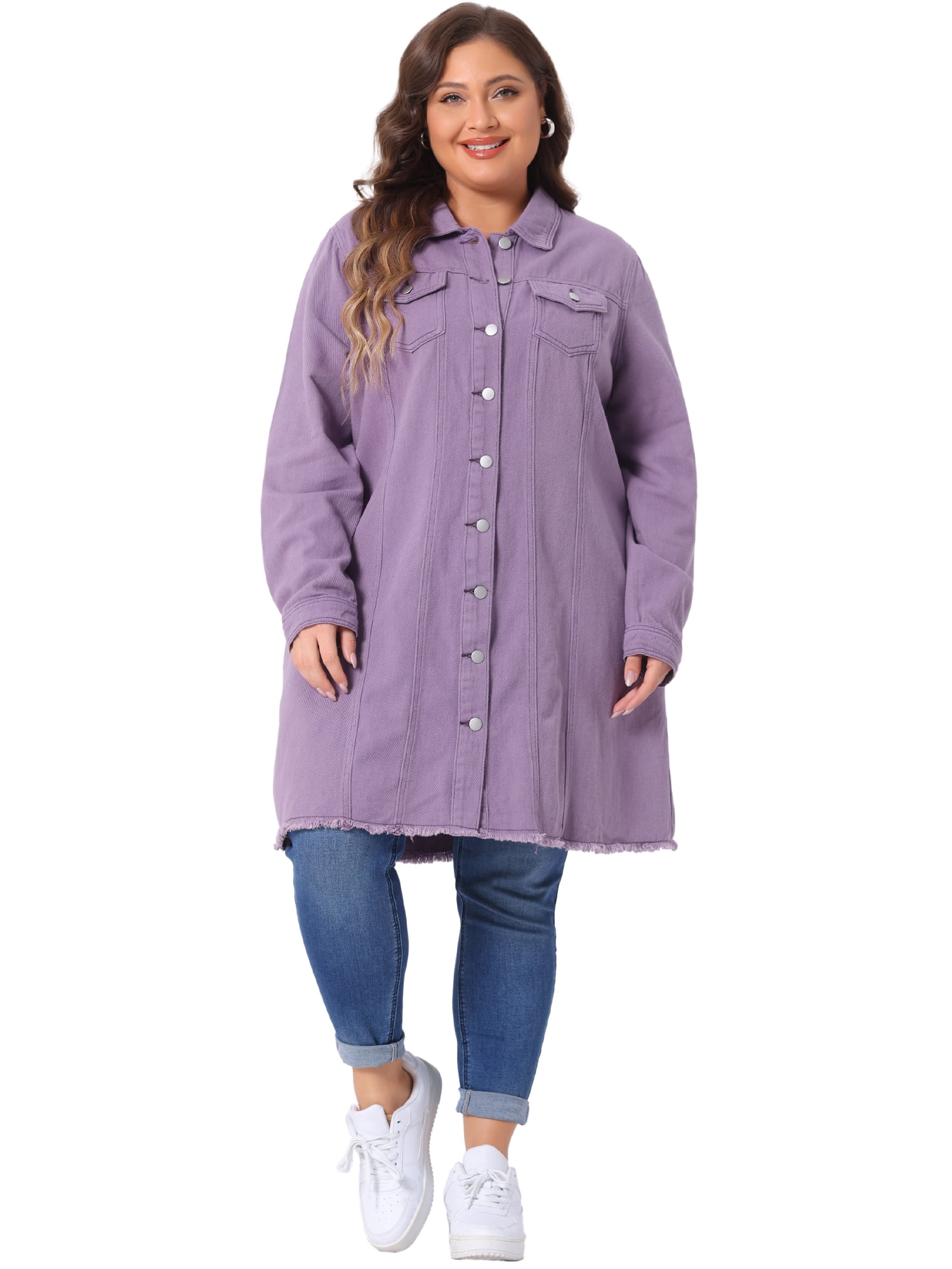 DARING DIVA Women's Plus Size Long Distressed Button Up Denim Jacket 1X Purple