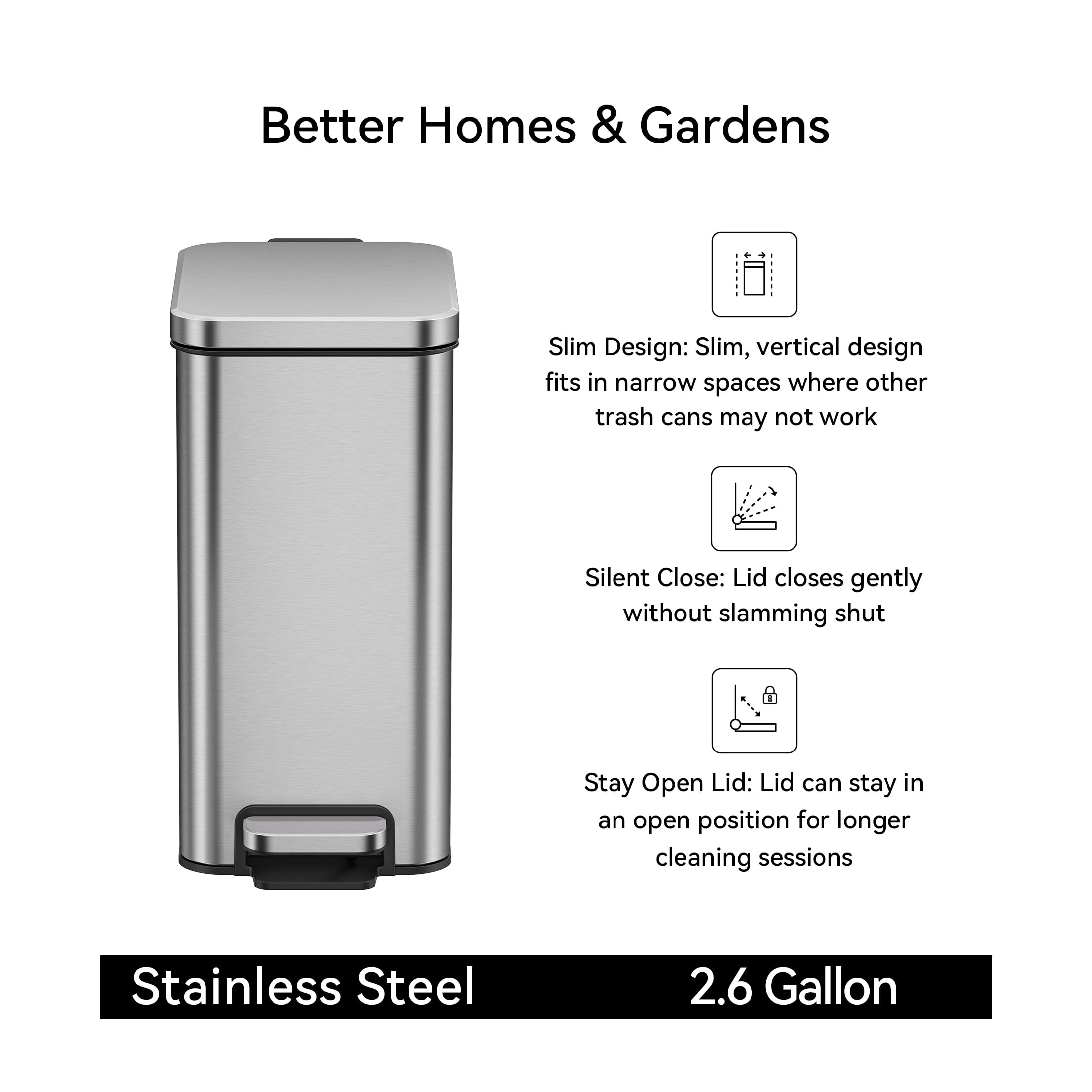 Better Homes & Gardens Bedroom / Office Trash Can, 2.6 Gallon Small Stainless Steel Step Garbage Bucket Bin with Soft Close Lid, Silver