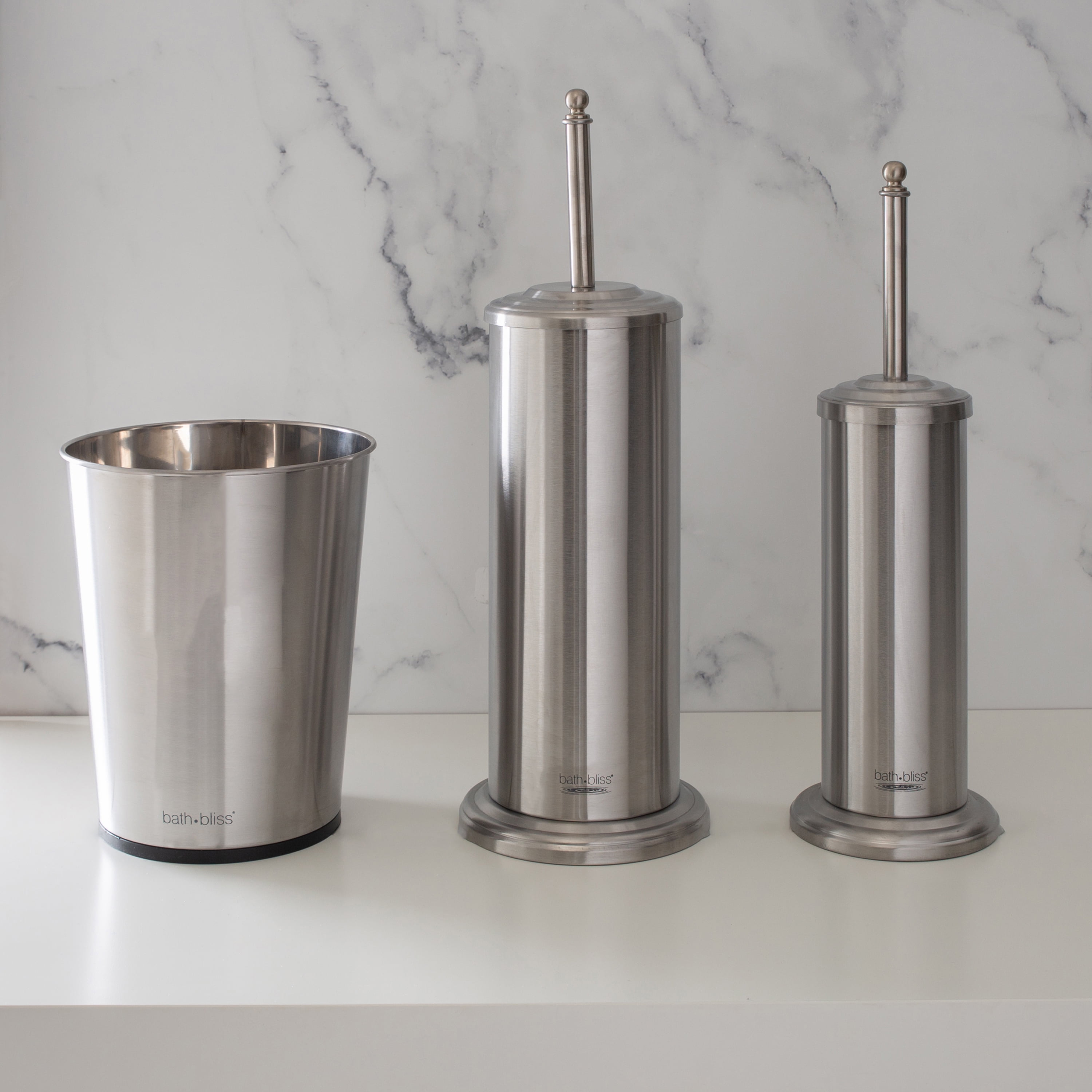 Bath Bliss 3 Piece Stainless Steel Bathroom Set | Trash Can| Toilet Brush | Plunger