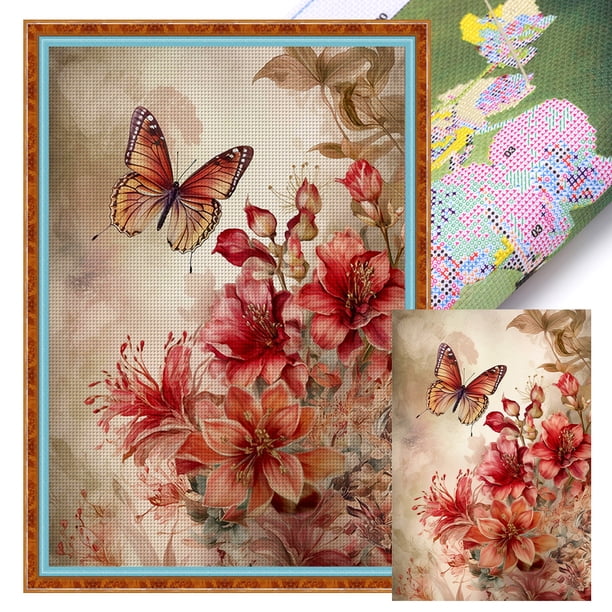 Hilo Algodón Bordado Punto Cruz Con Flores Y Mariposas 11CT 40x60cm
