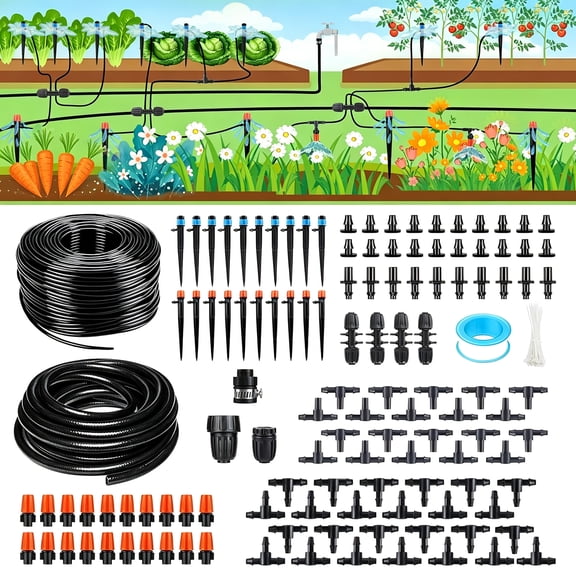 VOROLAK Drip Irrigation System Kit, 223 FT Misting Sprinkler DIY Devices with 1/2 inch Hose 1/4 inch Distribution Tubing, Automatic Garden Watering Misting System for Greenhouse, Yard, Lawn, Plant