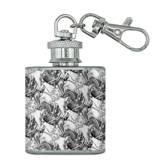 Black White Knights Horses Medieval Jousting Fantasy Stainless Steel 1oz Mini Flask Key Chain