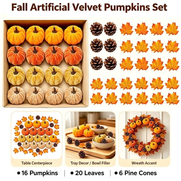 42PCS Fall Pumpkins Set, Velvet Pumpkin Decorations for Fall Harvest Thanksgiving Farmhouse Table Centerpiece
