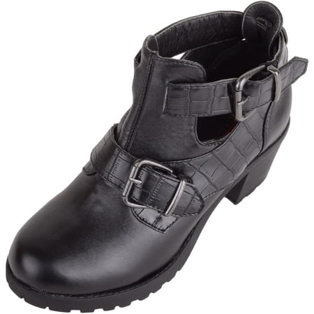 

ABSOLUTE FOOTWEAR Childrens Kids Juniors Girls Slip On Buckled Faux Leather Heeled School College Formal Smart Shoes - Black - US Child 4