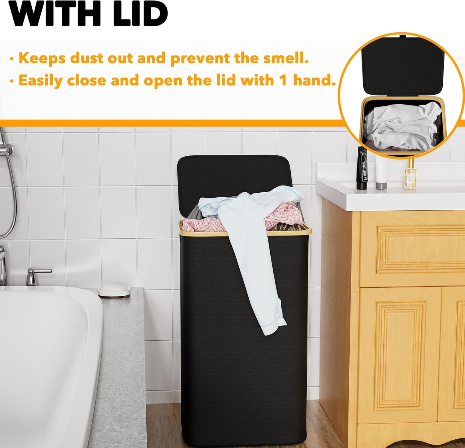 SpaceAid 110L Laundry Hamper with Lid, Large Tall Clothes Basket Bin, Black