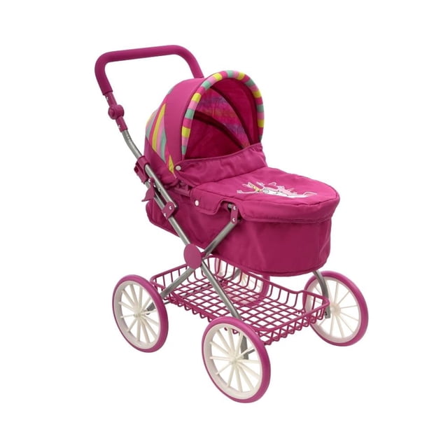 carriola para muñeca prinsel estampado con unicornio rosa, vista 3/4; carriola plegable con estructura tubular de acero, manija ajustable a diferentes alturas, techo extensible con ribete a rayas, cubrepies desmontable y canastilla para accesorios en rosa.
