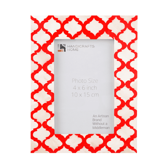 Handicrafts Home 4x6 Moorish Damask Moroccan Inspired Handmade Bone Inlay Photo Frame – White & Red, Wall & Tabletop Display