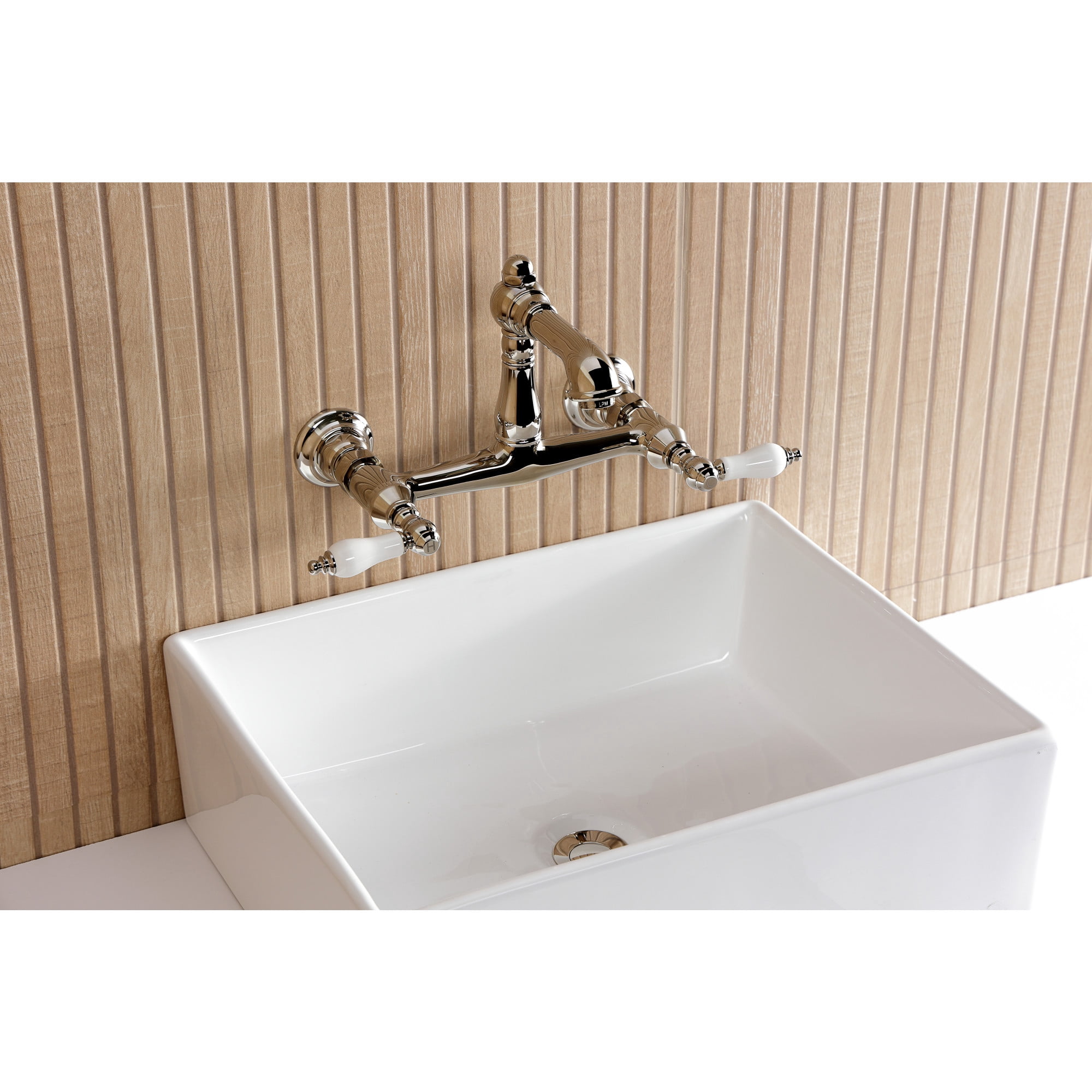 Kingston Brass KS7256PL English Country Double-Handle 2-Hole Wall Mount Bathroom Faucet in Polished Nickel