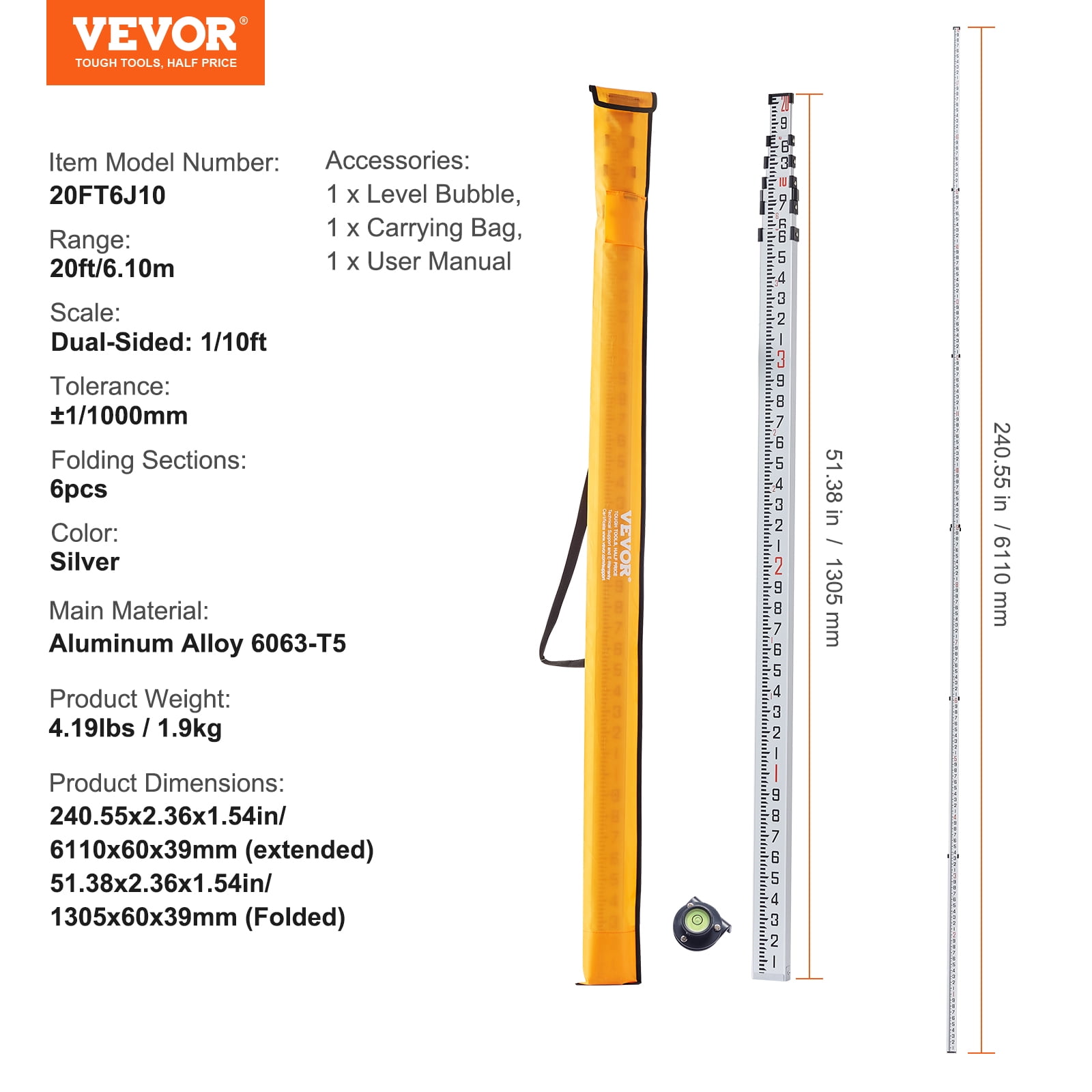 VEVOR Aluminum Grade Rod,20-Feet/10ths 6 Sections Telescopic Measuring Rod,Double-Sided Scale 1/10ft Leveling Rod Stick,Aluminum Alloy Survey Rod w/ Bubble Level &Carrying Bag for Houses,Walls,Floor