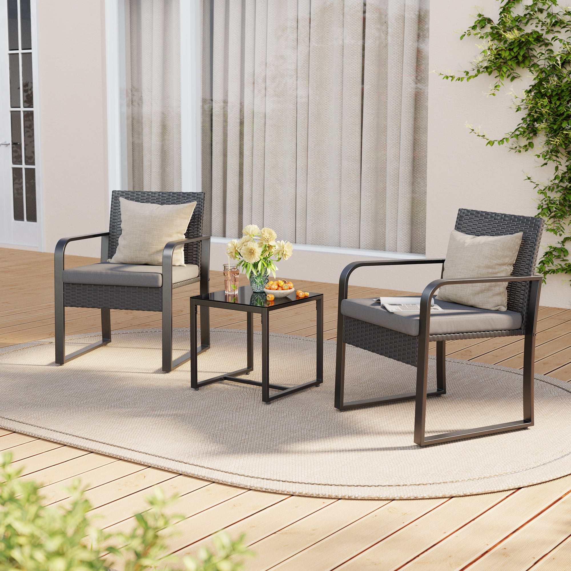 Small Patio Furniture Set, Lofka 3 Pieces Patio Set, All-weather Wicker Chairs and Glass Coffee Table with Grey Cushions, Gray