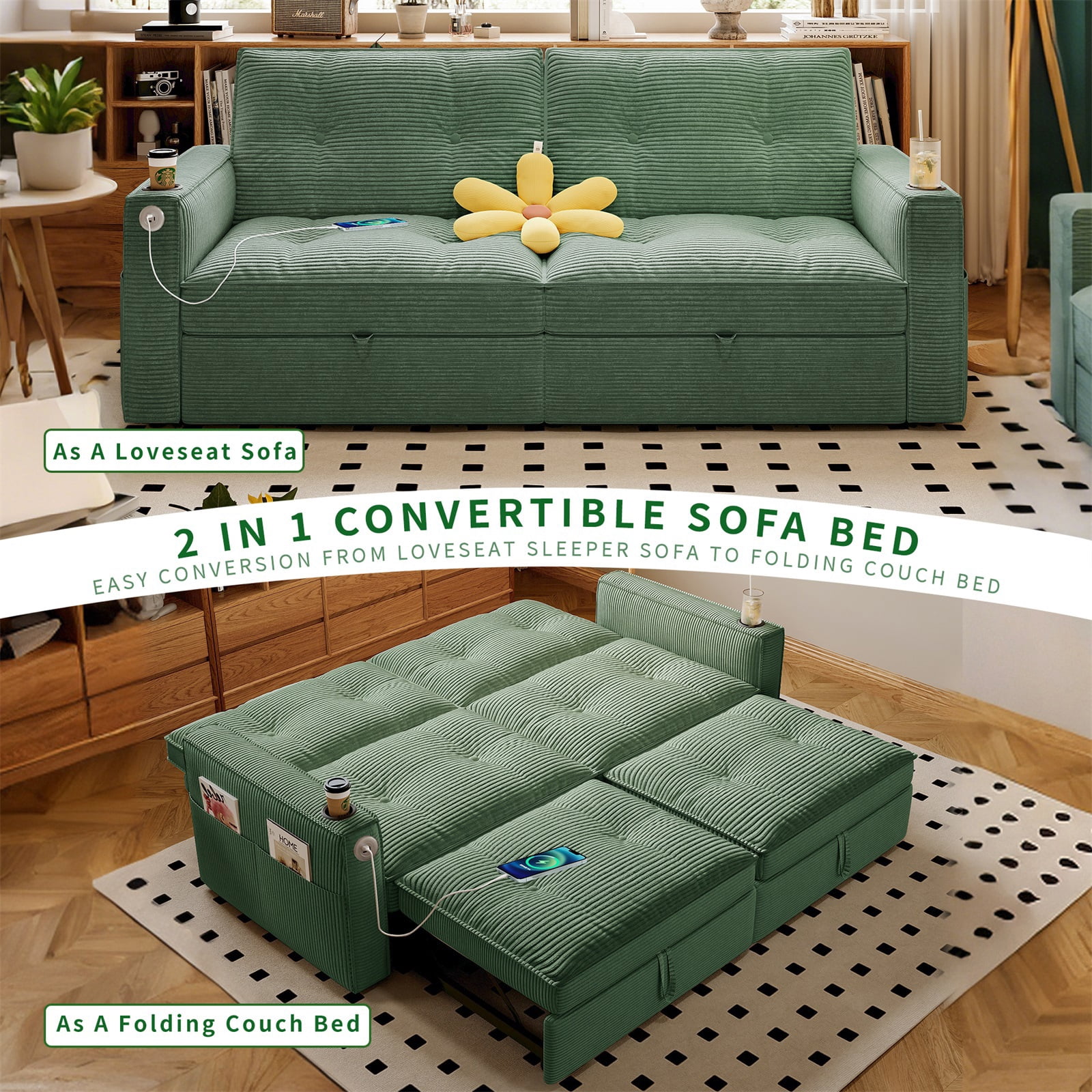 Hommoo 70" Convertible 2-in-1 Pull Out Couch Bed, Multi-Functional Corduroy Loveseat Sleeper Sofa Bed, Green