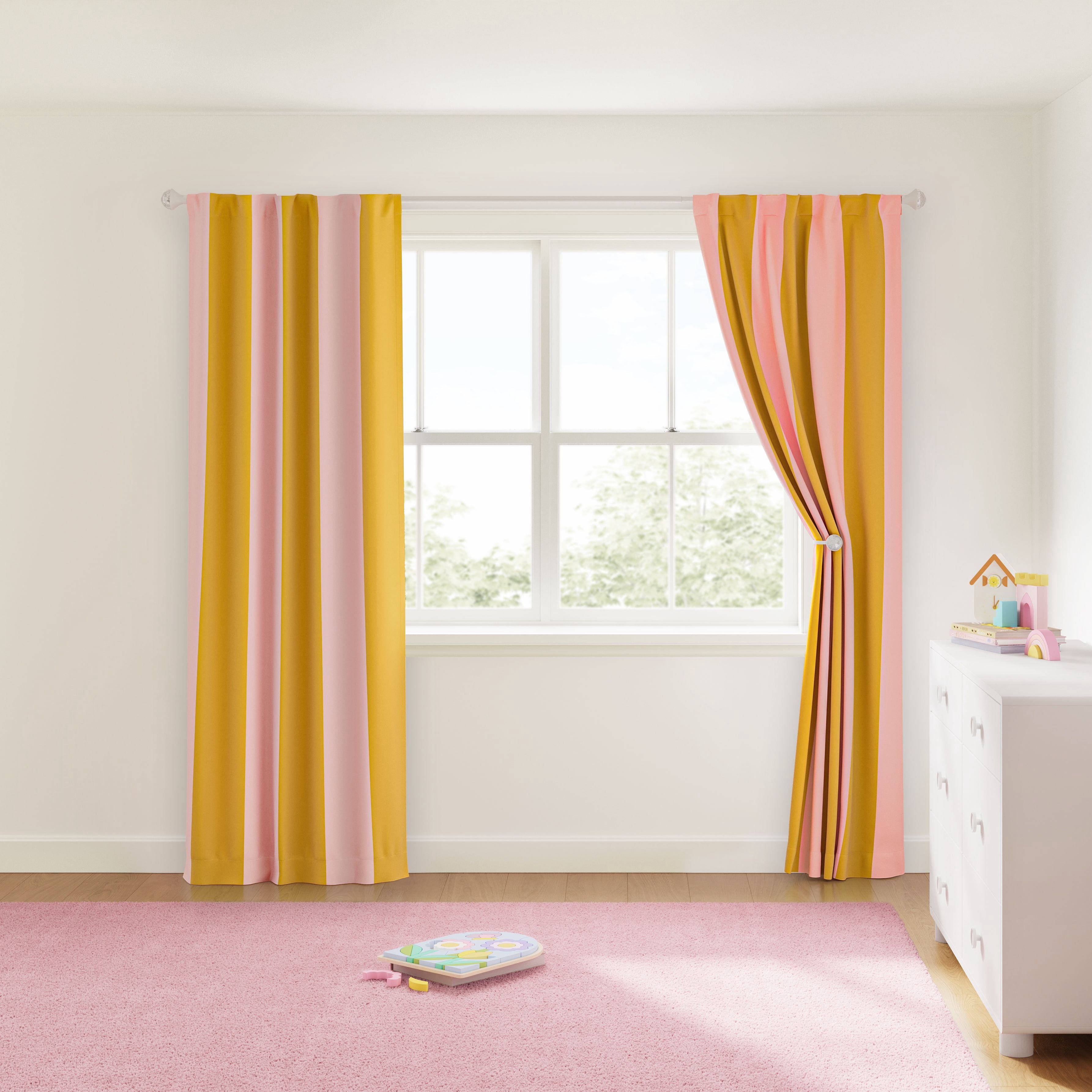Mainstays Kids Cabana Stripe 100% Blackout Curtain Panel, Pink & Gold, 38 x 95 in