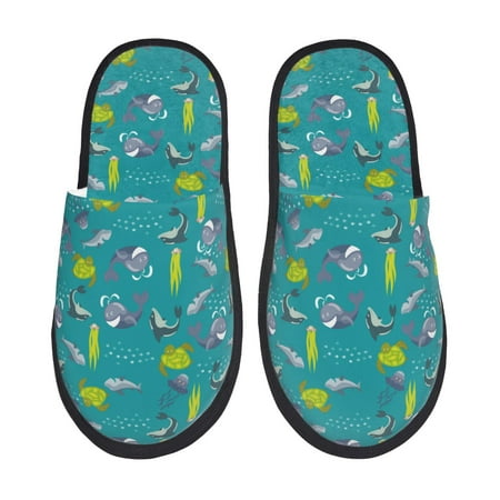 Balery Cute Shark Turtle Slient Indoor Furry Fleece Comfort House Shoes Soft Non-Slip Home Shoes Cotton slippers House Slippers-- Medium