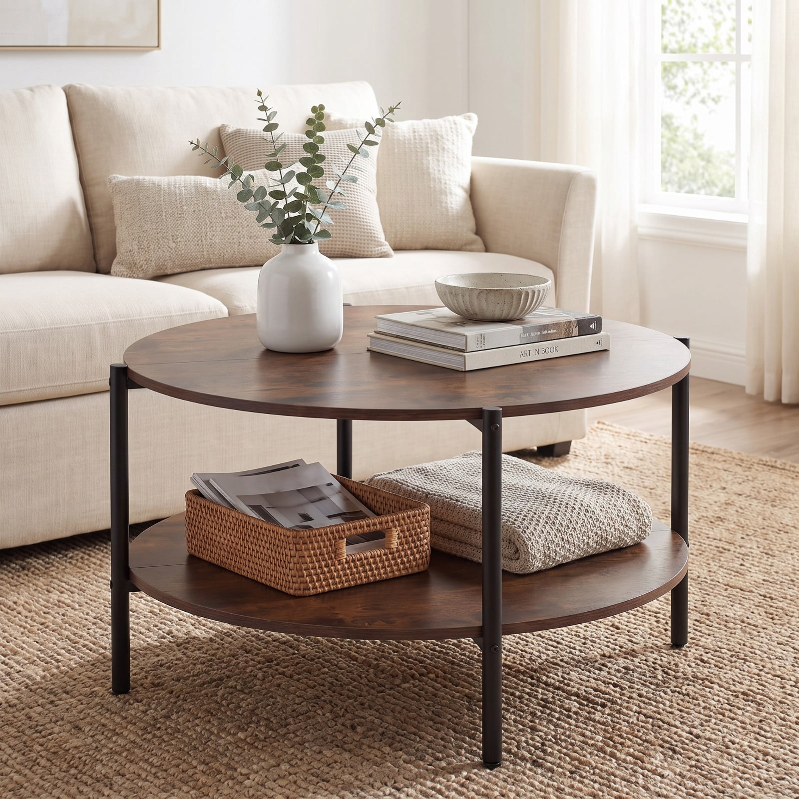 Furnibear Round Industrial Coffee Table 2 Tier Accent Table with Open Storage Shelf for Living Room Rustic Farmhouse, Rustic Brown