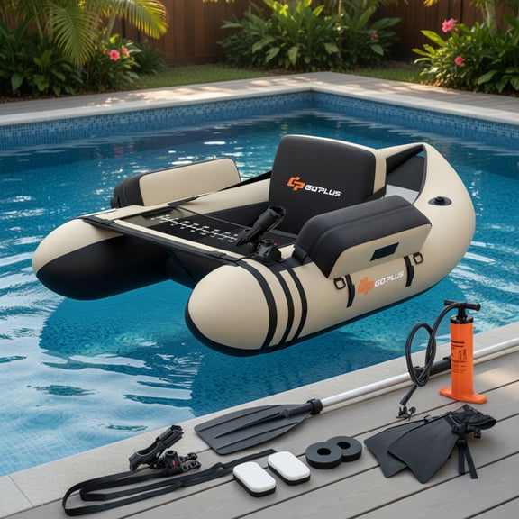 Topcobe Inflatable Fishing Float Tube with Pump Storage Pockets and Fish Ruler for Adults, High Bearing Capacity, Beige