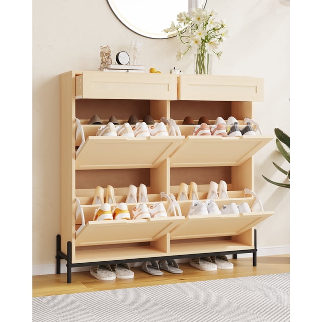 Narrow Shoe Cabinet for Entry – 4 Doors, 2 Drawer, Adjustable Shelves, Modern Organizer, Space-Saving for Up to 24 Pairs of Shoes, Compact Rattan Shoe Rack for Hallway