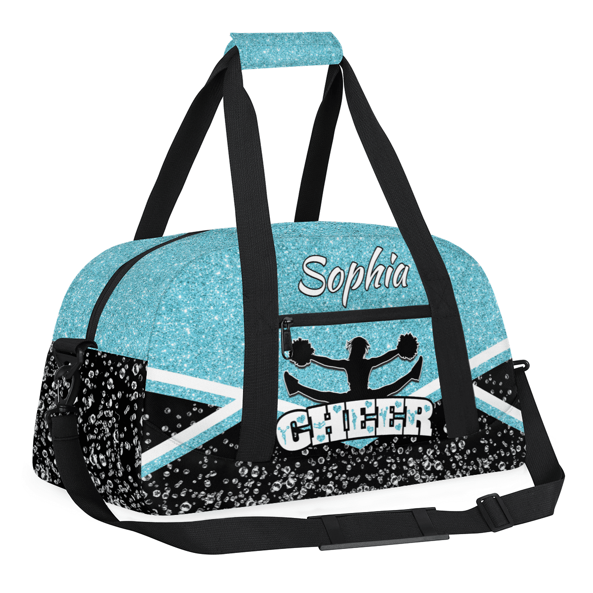 Jiaoprinted Personalized Cheerleader Bag Dance Bag, Custom Sport Gym Bag with Name, Customized Travel Duffel Bag for Cheer Team, Azure Glitter